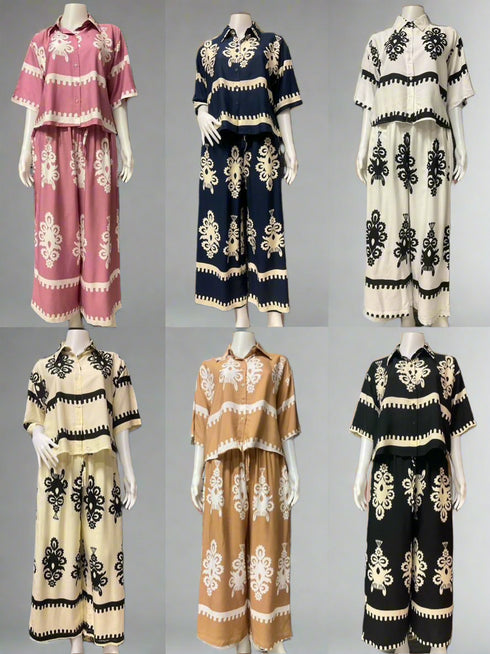 Cotton Casual Print Collar Down Crop Shirt With Loose Pants